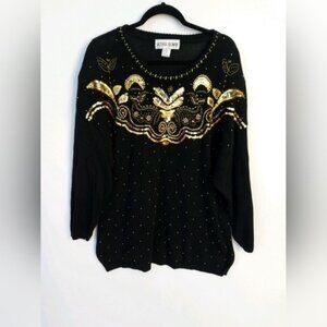 Y2K Vintage 80's 90's Full Beaded Sweater Black & Gold Oversized Size 1X